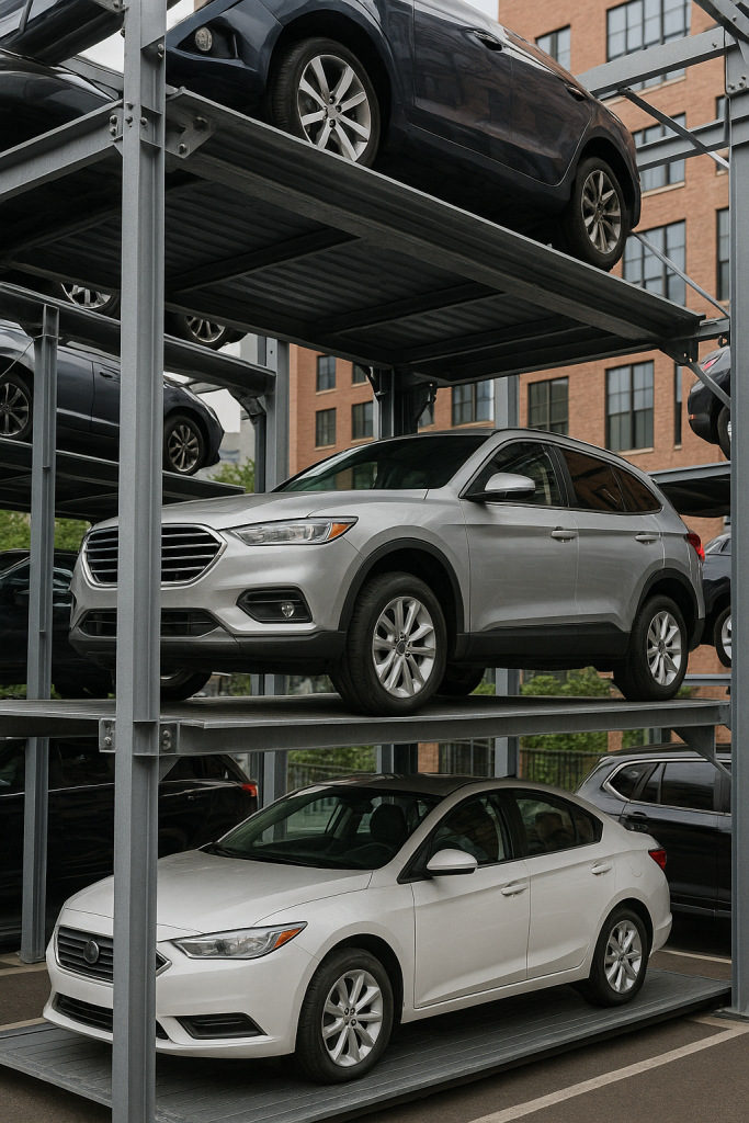 Torre de estacionamiento automatizado elevando vehículos