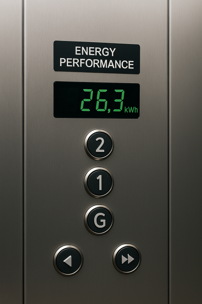 Panel de control mostrando consumo energético de un elevador