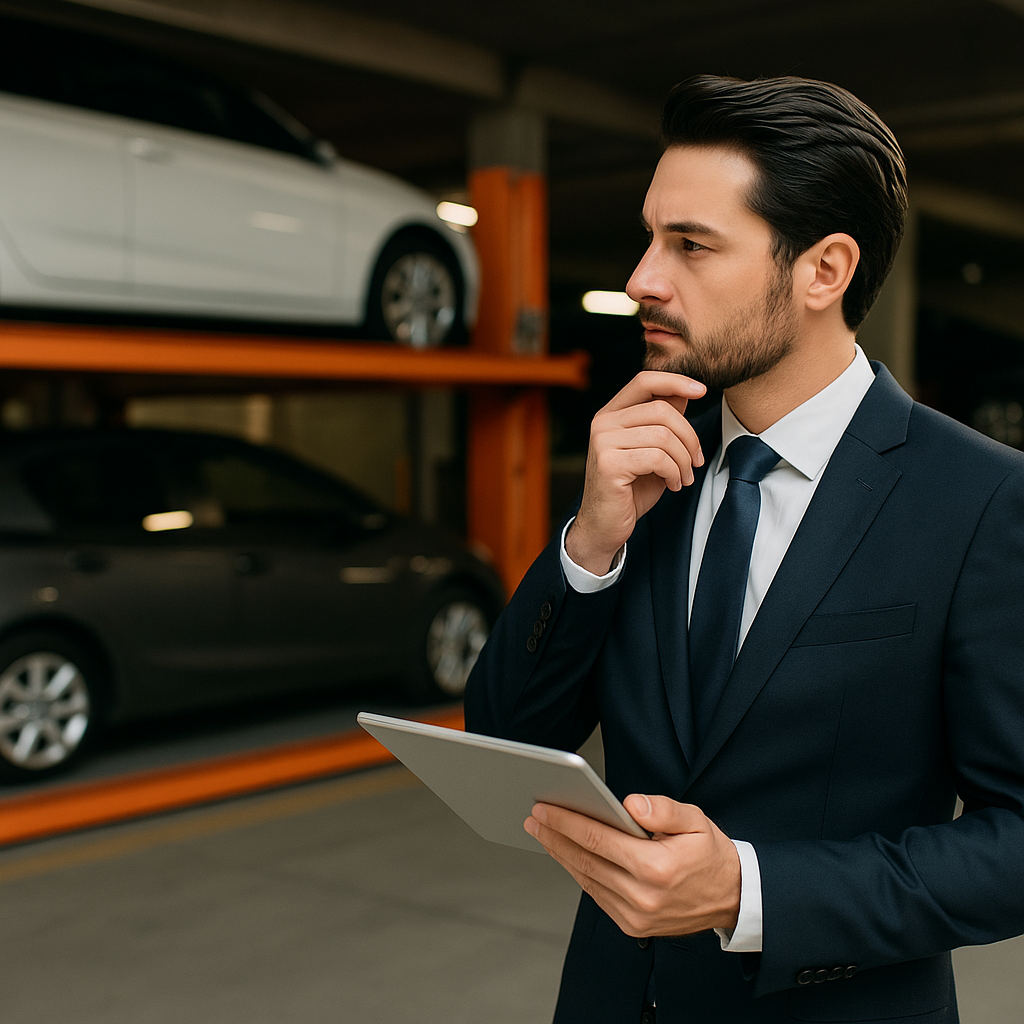 Empresario evaluando instalación de elevadores en estacionamiento