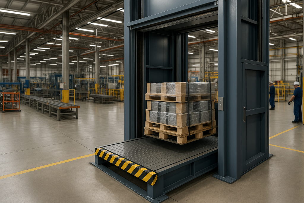 Elevador industrial en planta de producción operando cargas pesadas