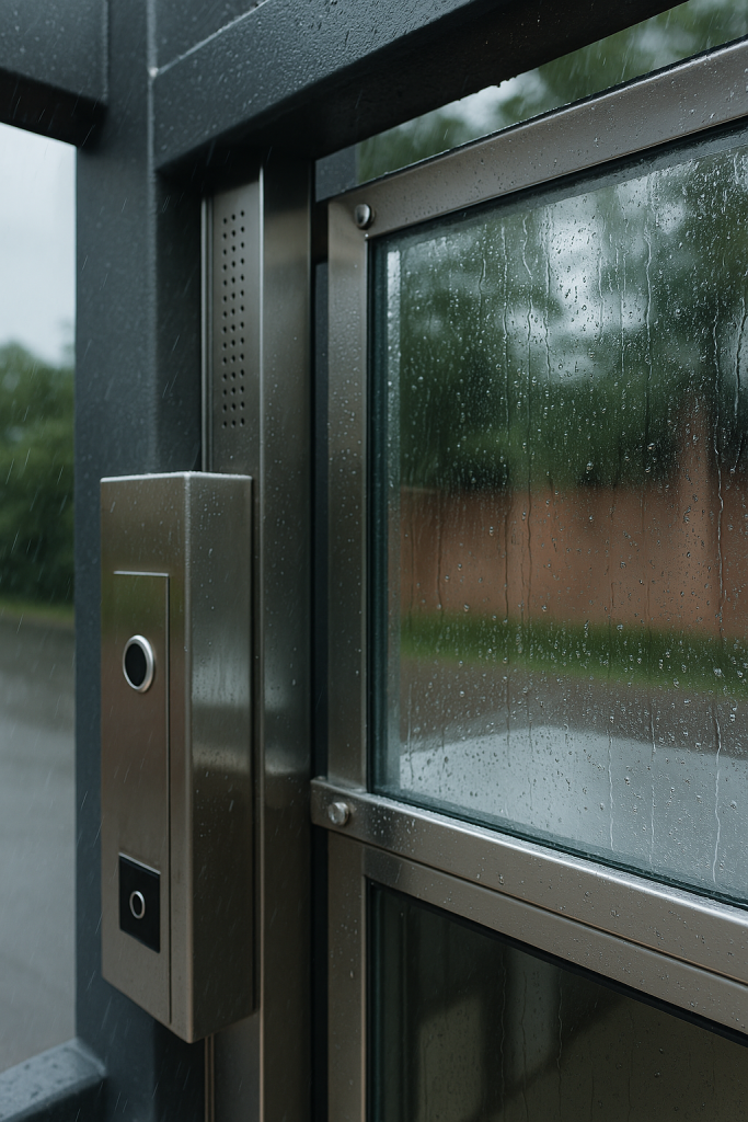 Detalle de materiales resistentes en elevador exterior bajo lluvia