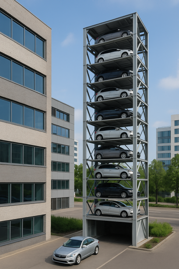 Torre de estacionamiento automatizada con autos apilados en niveles dentro de una estructura metálica en una ciudad moderna