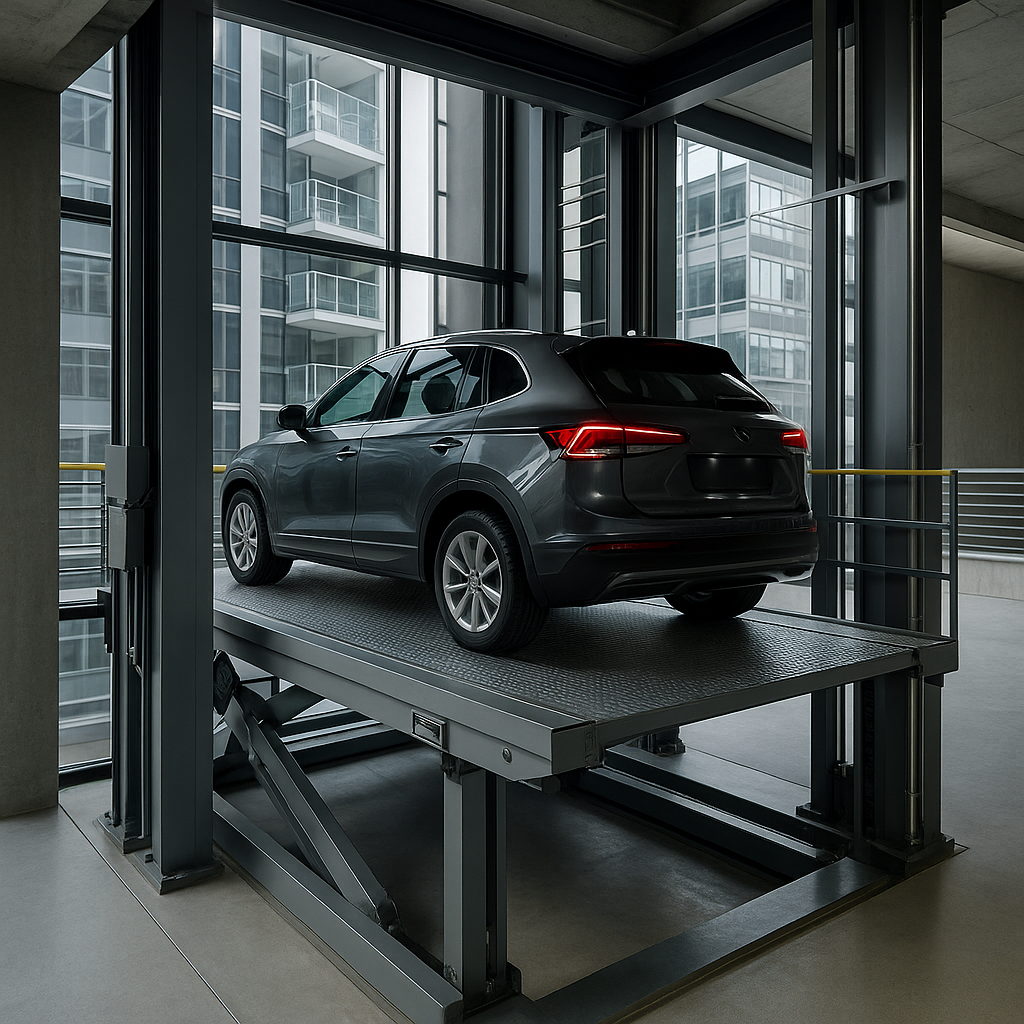 Elevador para autos trasladando un SUV en un estacionamiento vertical moderno con estructura de acero