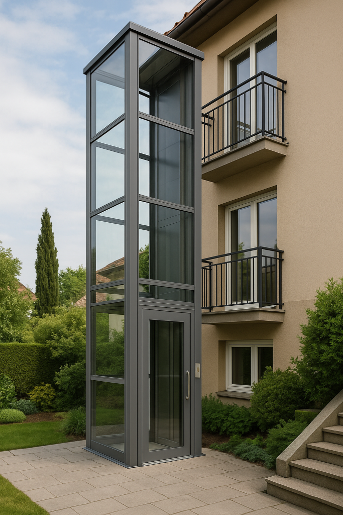 Vivienda moderna con un elevador exterior de vidrio y estructura metálica junto a un jardín