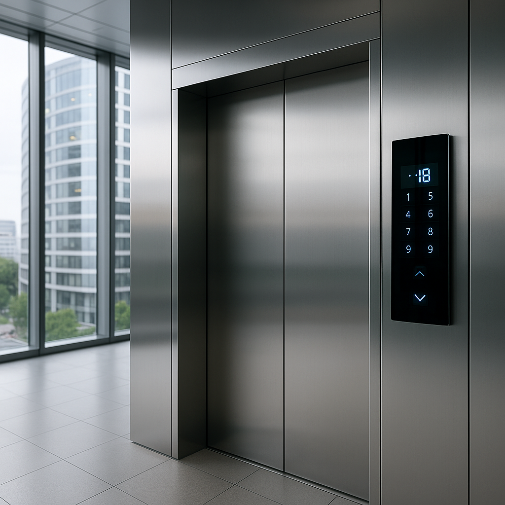 Elevador inteligente moderno con panel digital en un edificio corporativo de última generación