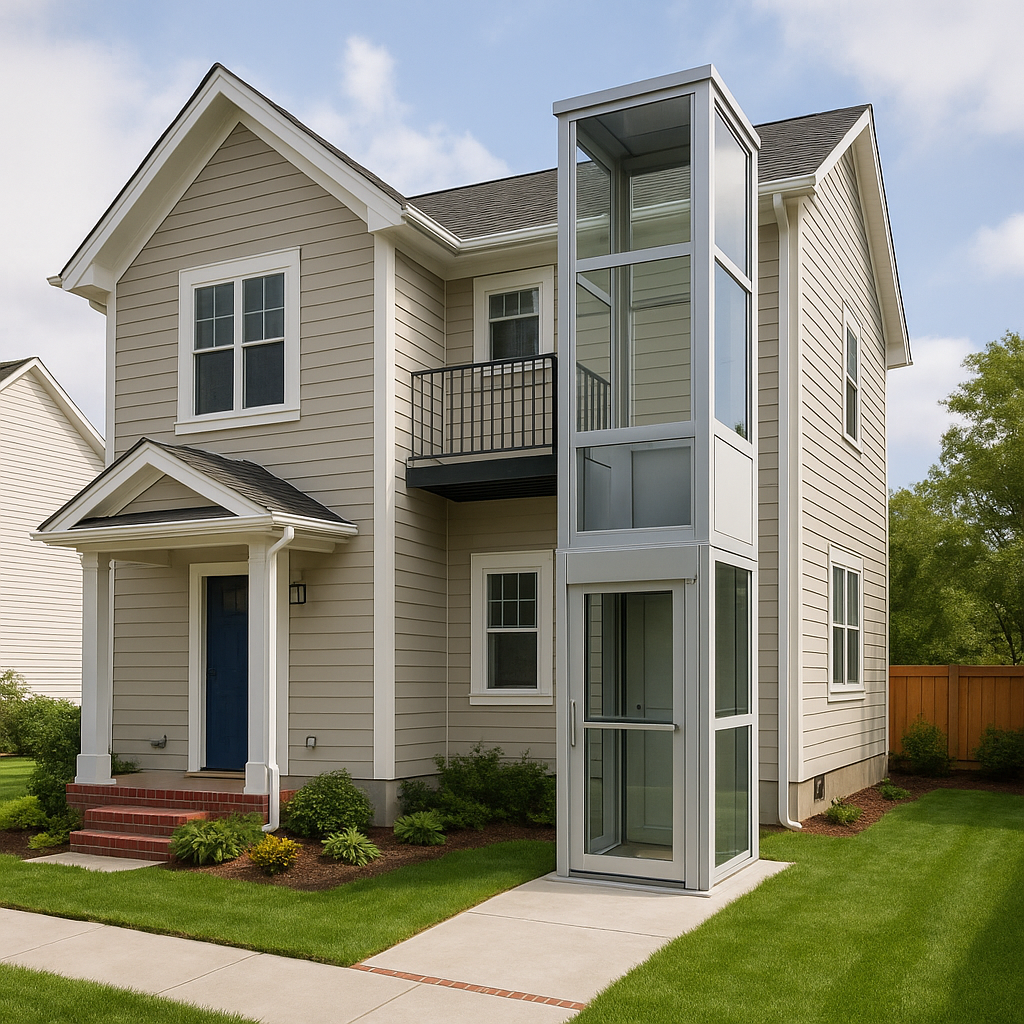 Elevador exterior moderno instalado en una vivienda familiar de dos pisos, integrado de forma armónica a la fachada