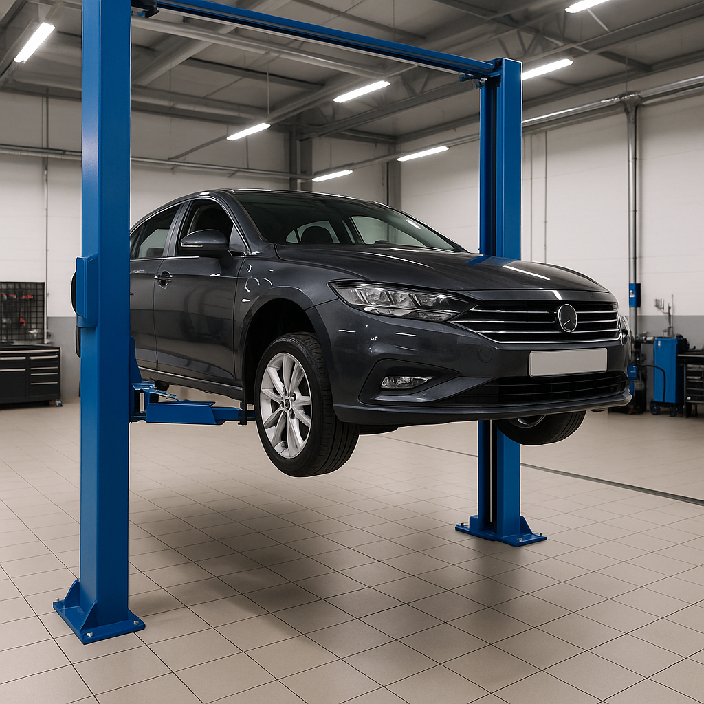 Elevador de autos de doble columna levantando un vehículo en un taller mecánico moderno