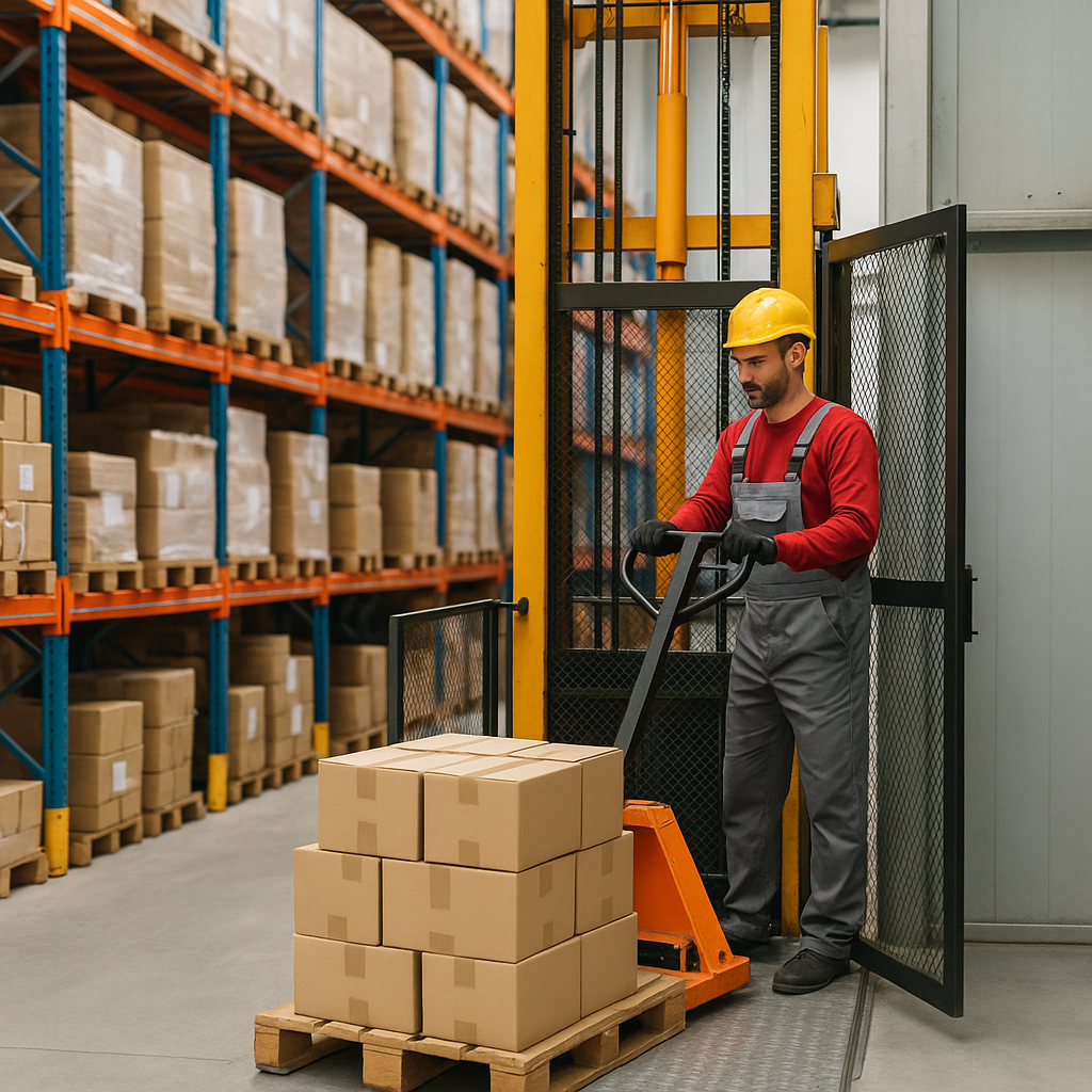 Trabajador en almacén operando un elevador montacargas para trasladar cajas