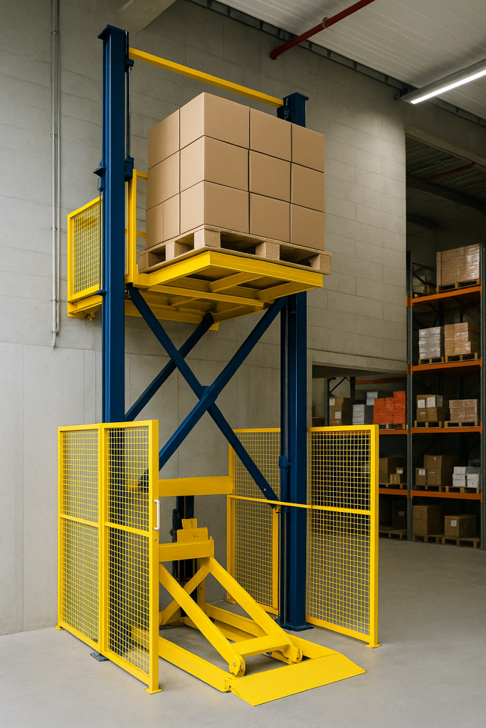 Elevador montacargas hidráulico transportando un pallet con cajas en un almacén moderno con estanterías metálicas organizadas