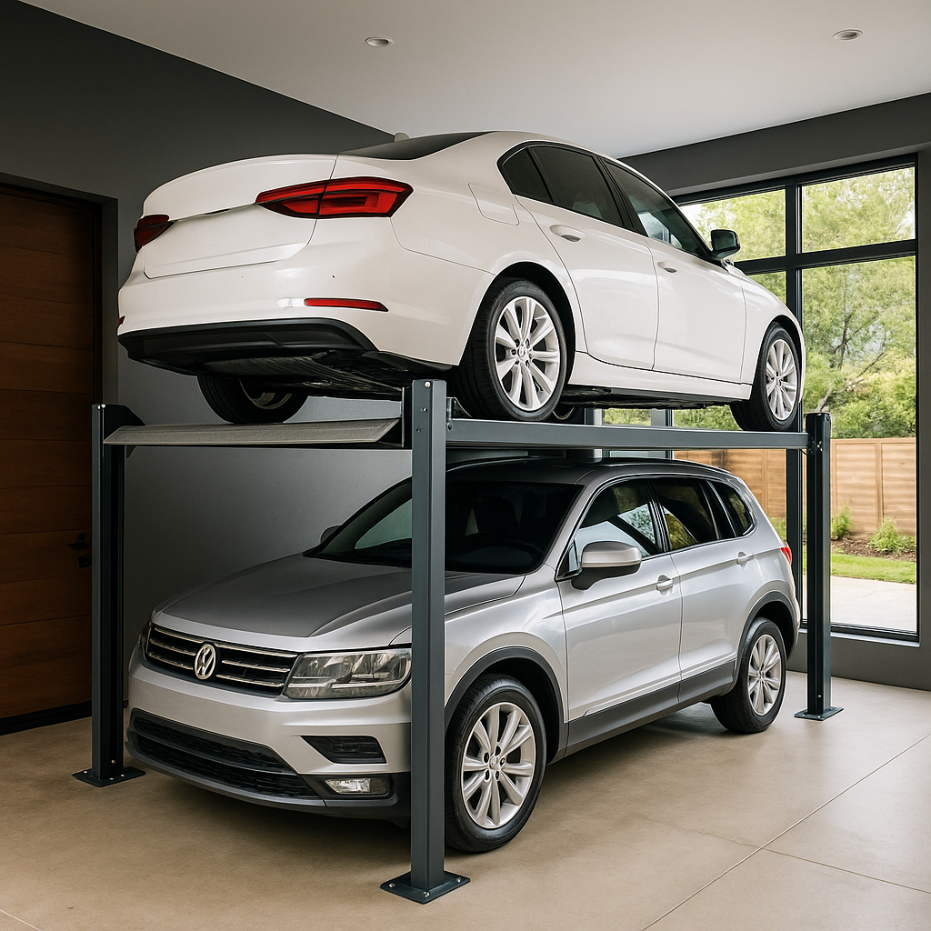 Elevador para autos residencial con dos vehículos, un sedán blanco elevado sobre un SUV plateado en un garaje moderno iluminado con ventanales