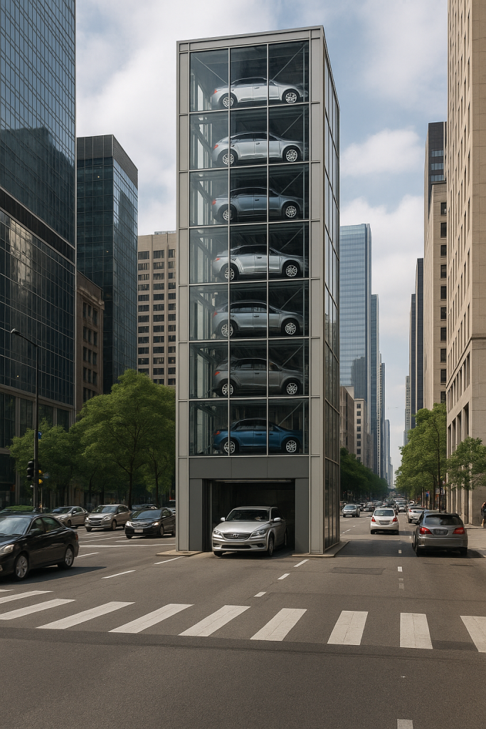 Torre de estacionamiento automatizada en pleno centro urbano, con autos almacenados en varios niveles y tráfico fluido alrededor