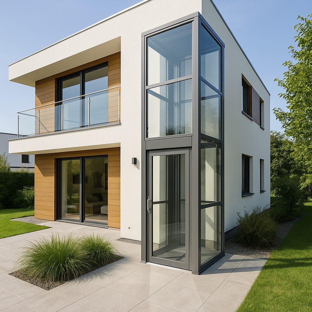Casa moderna de dos pisos con un elevador exterior de vidrio y metal integrado en su fachada