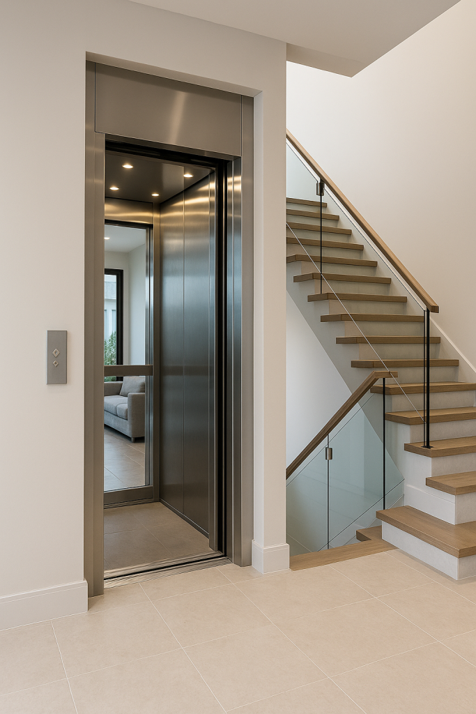 Elevador residencial moderno integrado en el interior de una casa contemporánea junto a una escalera flotante de diseño elegante