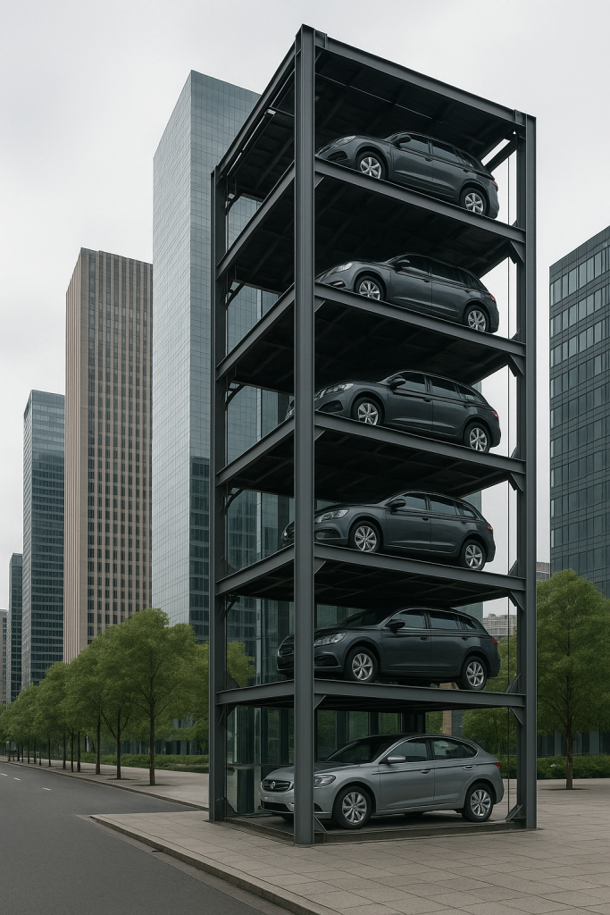 Torre automatizada de estacionamiento urbano con varios autos en plataformas verticales, rodeada de edificios modernos