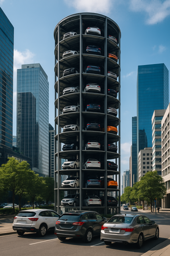 Torre de estacionamiento automatizada en una ciudad moderna con autos visibles en varios niveles, rodeada de edificios altos y calles transitadas