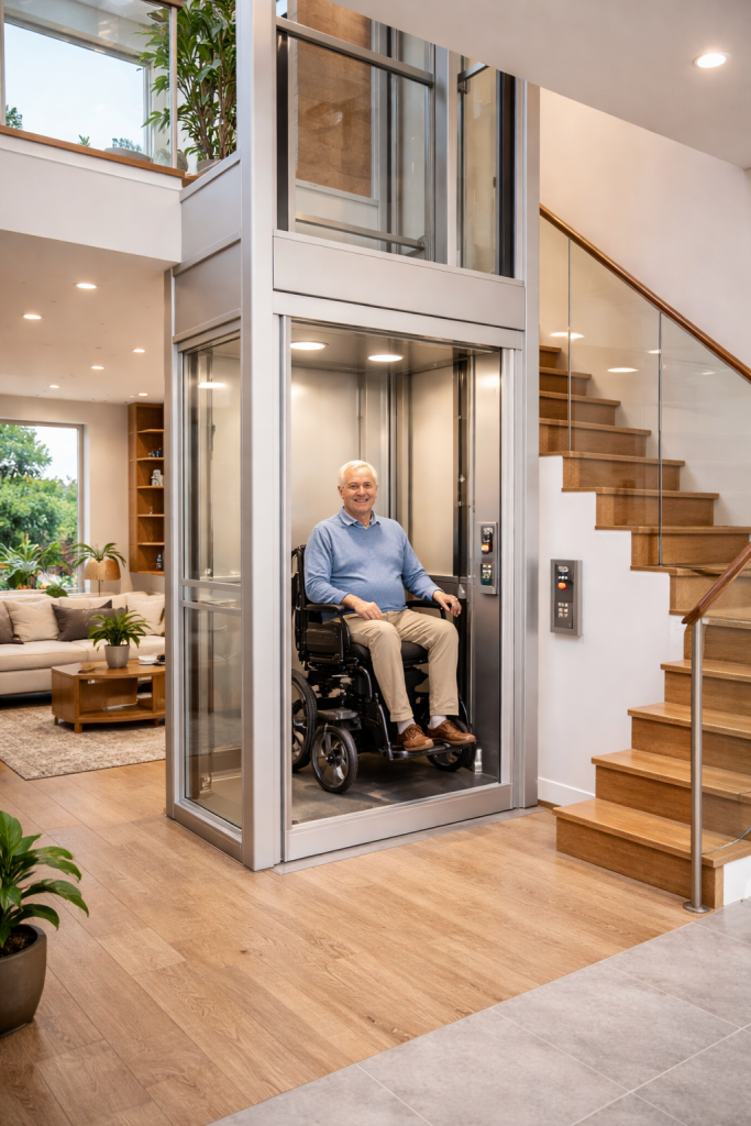 Elevador residencial para personas con movilidad reducida instalado en vivienda moderna de dos niveles