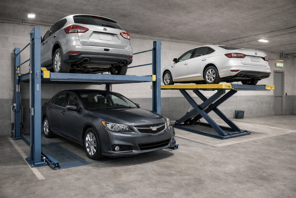 Elevador de plataforma para autos residenciales junto a elevador tipo tijera en garaje compacto con dos vehículos