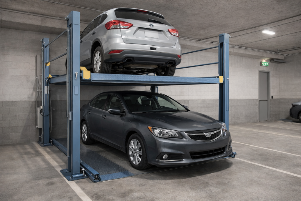 Elevador para autos en garajes pequeños instalado en taller compacto con vehículo elevado y columnas hidráulicas visibles
