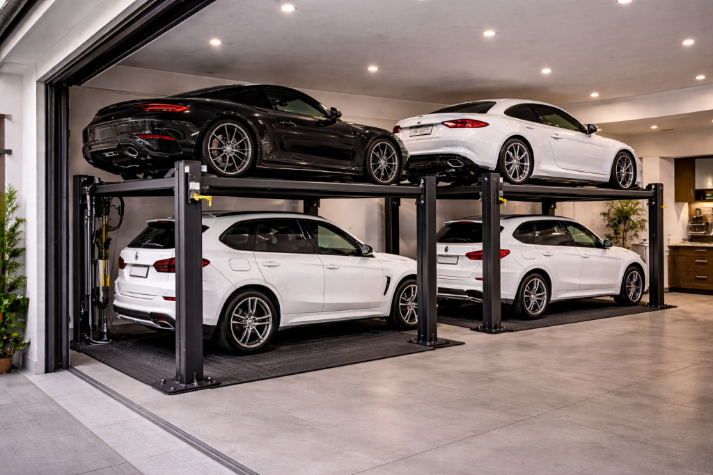 Parking lift hidráulico o eléctrico para vivienda instalado en garaje moderno con dos plataformas elevando autos