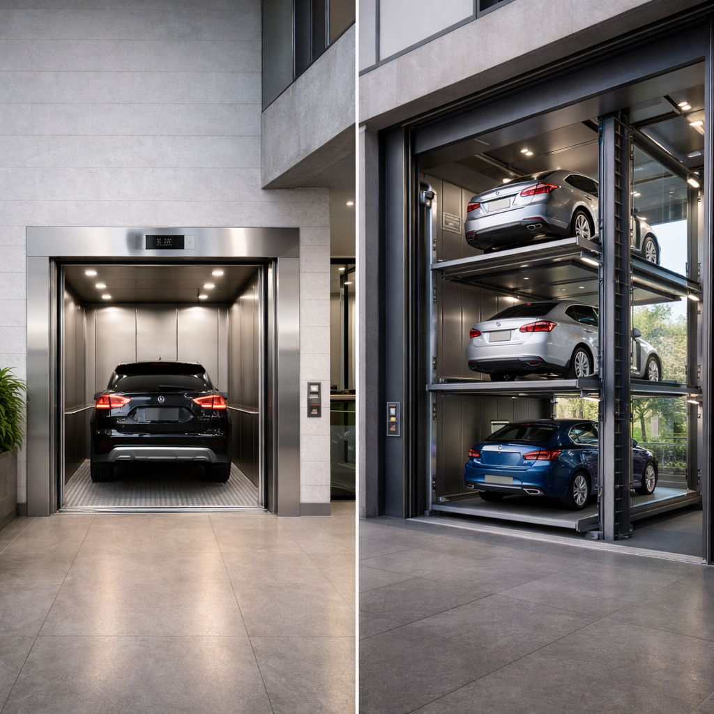 Comparativa elevadores residenciales para autos y parking vertical en edificio habitacional moderno