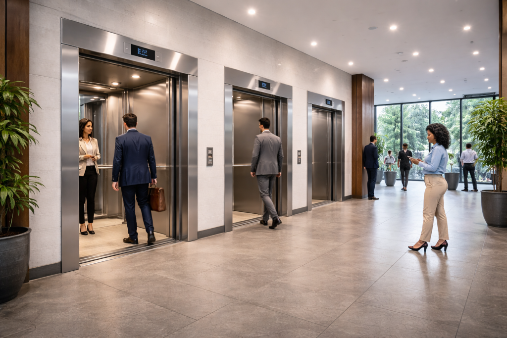 Instalación de elevadores en edificios corporativos modernos con alto flujo de personas y diseño arquitectónico contemporáneo