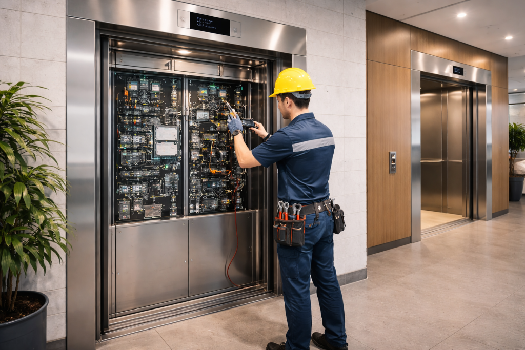 Técnico realizando mantenimiento preventivo en elevadores comerciales de alto tráfico en edificio corporativo
