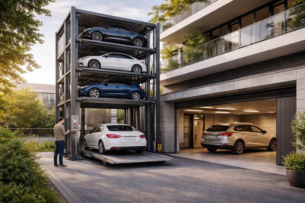 Sistema de estacionamiento vertical residencial inteligente en edificio moderno con elevador automático para autos