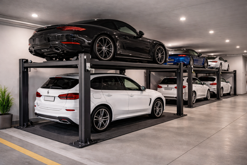 Parking lift residencial para condominios verticales instalado en estacionamiento subterráneo moderno con doble plataforma