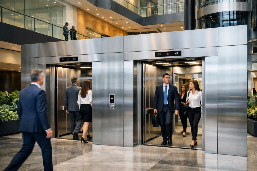 elevadores comerciales en edificio corporativo moderno en México con alto flujo y diseño eficiente