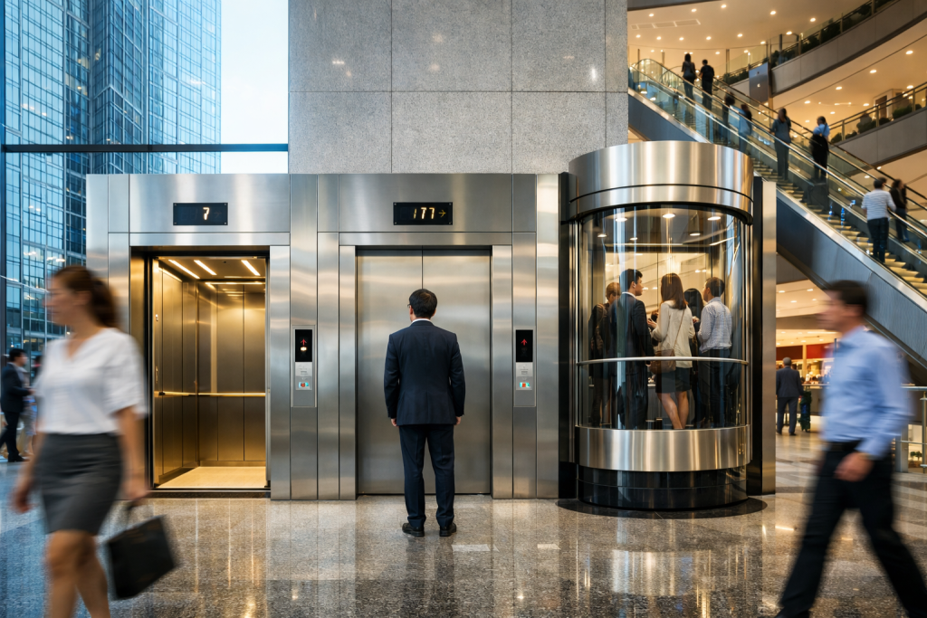 elevadores comerciales en México en edificio moderno con alto flujo y sistema eficiente de transporte vertical