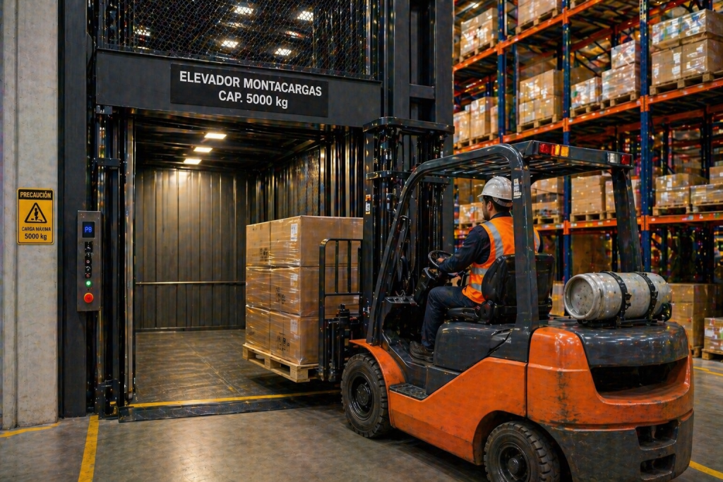 elevador montacargas industrial en México operando en almacén comercial con carga pesada