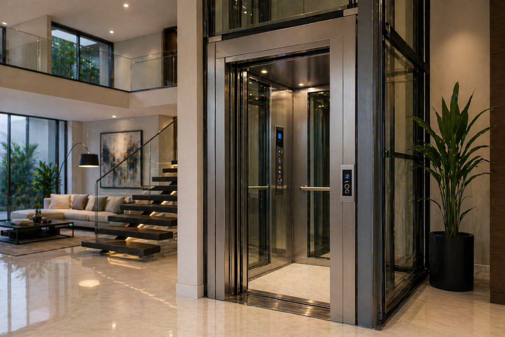 elevador residencial moderno en casa de lujo en México con diseño minimalista y estructura de vidrio