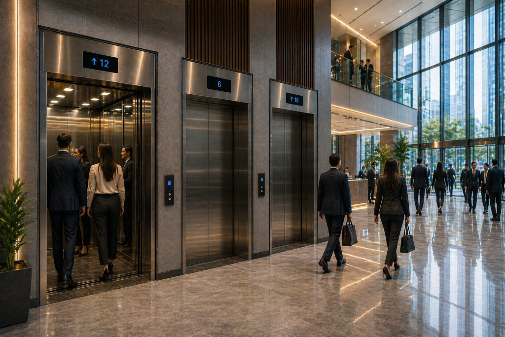 elevadores comerciales en México en edificio moderno corporativo con alto flujo y diseño eficiente