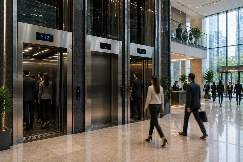 elevadores comerciales en México en edificio moderno mostrando flujo eficiente de personas