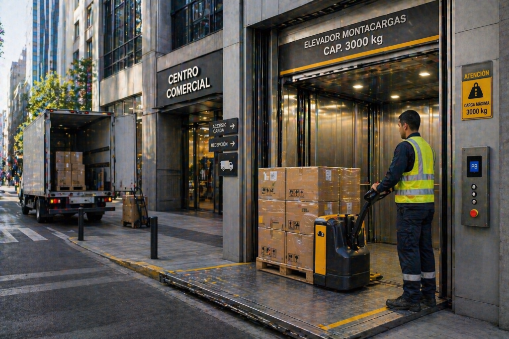 elevador montacargas en México operando en logística urbana con carga en edificio comercial moderno
