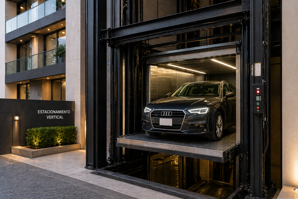 elevador para autos en edificio moderno en México con sistema de estacionamiento vertical