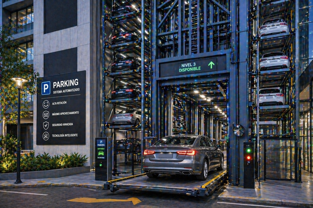 sistemas de parking en México para alta rotación con elevadores automáticos en edificio moderno