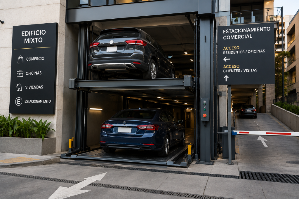 Elevadores comerciales en México para edificios mixtos con estacionamiento vertical para residentes y clientes