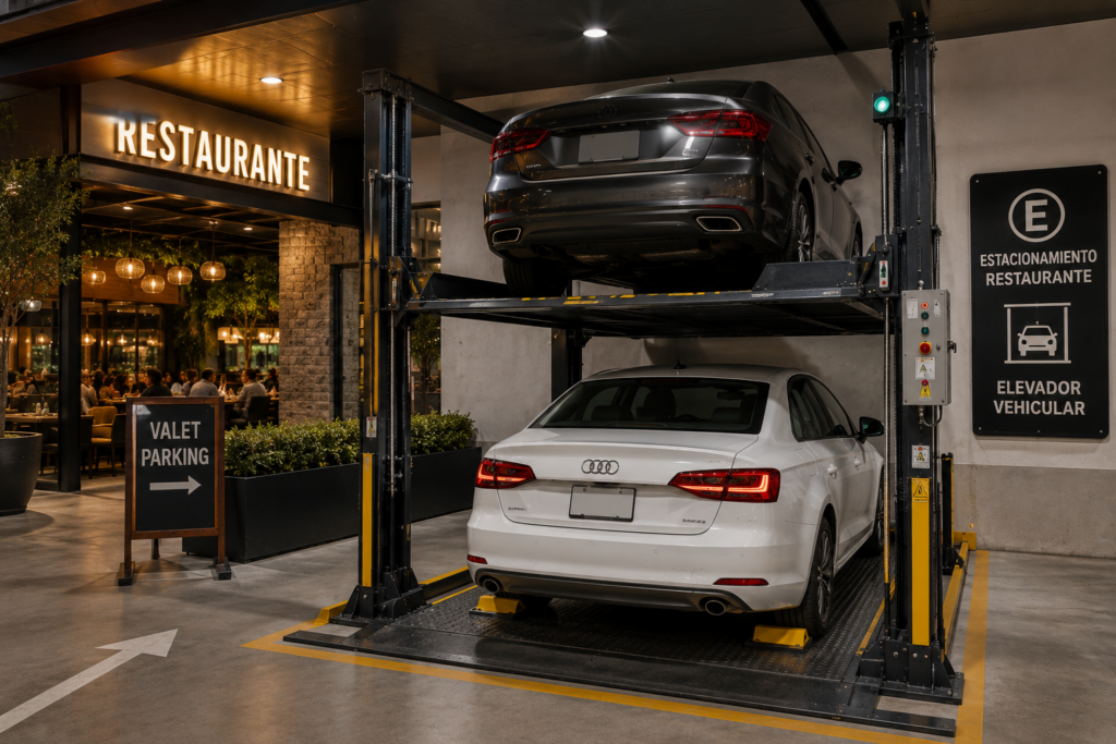 Elevadores comerciales para restaurantes en México con plataforma vehicular y circulación ordenada en horas pico.