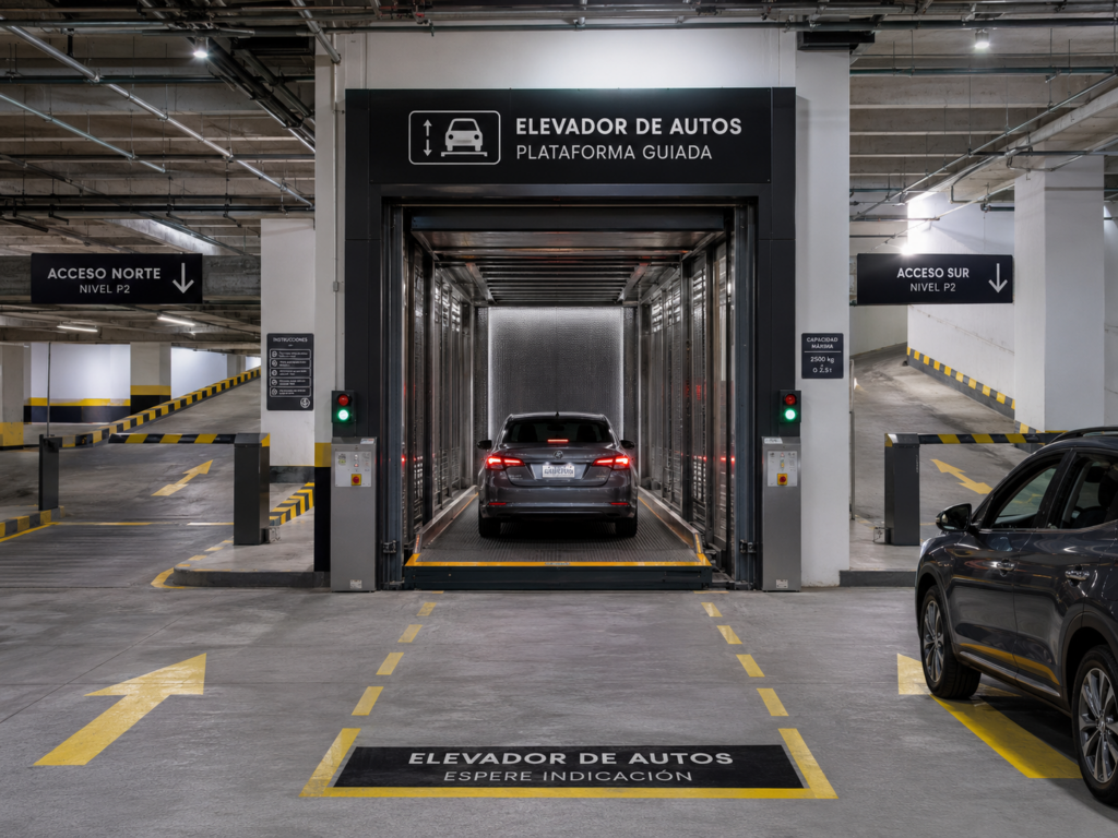 Elevadores comerciales para edificios con varios accesos, plataforma guiada y entradas vehiculares coordinadas.