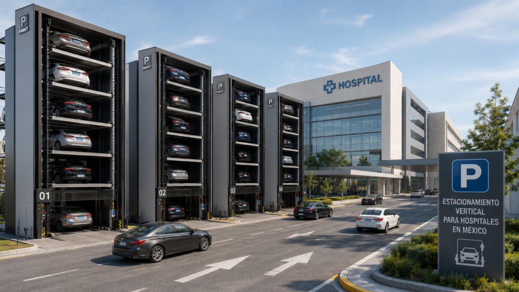 Estacionamiento vertical para hospitales en México con plataformas independientes y flujo vehicular continuo.