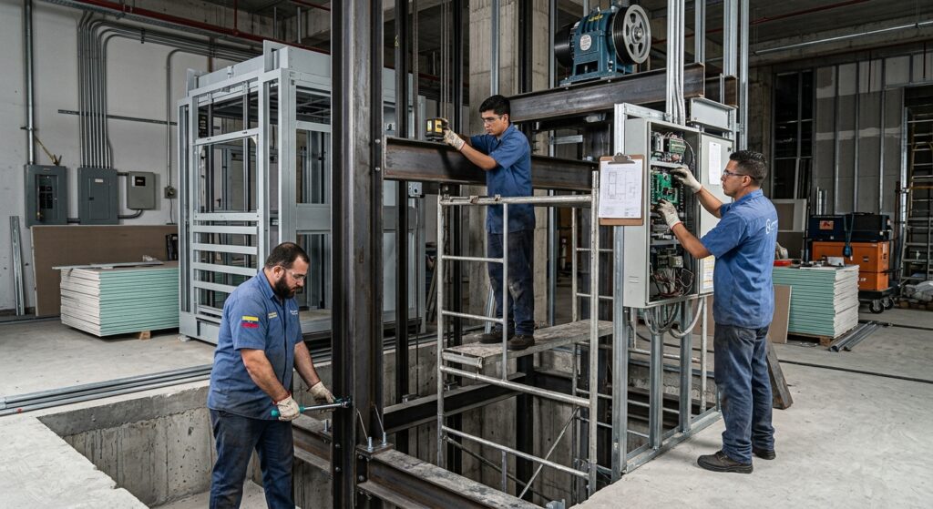 Proceso de instalación de elevadores comerciales en México en un edificio de estacionamientos